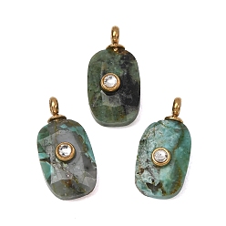 African Turquoise(Jasper) Natural African Turquoise(Jasper) Faceted Pendants, Rectangle Charms with 304 Stainless Steel Crystal Rhinestone Findings, Ion Plating(IP), Real 14K Gold Plated, 16~16.5x8x6mm, Hole: 1.8mm