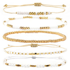 Золотой 5 Наборы браслетов из стекла и металла с золотыми и белыми бусинами, регулируемые браслеты из бусин на шнурке, золотые, 6.50~11.02 дюйм (16.5~28 см)