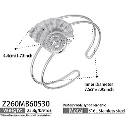 Shell Shape Ocean 316 Surgical Stainless Steel Hollow Sea Animals Open Cuff Bangles for Women, Tarnish Free, Shell Shape, Inner Diameter: 2.95 inch(7.5cm)