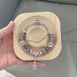 Pink Браслеты с подвесками из европейских бусин в форме короны, браслеты из змеиной цепи для женщин, со стеклом и горным хрусталем, платина, розовые, внутренний диаметр: 2-1/2 дюйм (6.5 см)