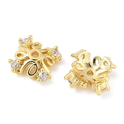 Настоящее золото 18K Колпачки для бусин из прозрачного кубического циркония из латуни, 4-лепестков цветка, реальный 18 k позолоченный, 7.5x7.5x2.5 мм, отверстие : 1 мм