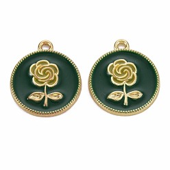 Темно-Зеленый Стойки подвески обшивки сплава, с эмалью, без кадмия и без свинца, плоско-круглые с розой , золотой свет, темно-зеленый, 20.5x18x2 мм, отверстие : 1.6 мм