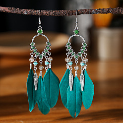 Темный Голубой Серьги-люстры из сплава горного хрусталя в форме капли, с пером, античное серебро, темные голубые, 122 мм