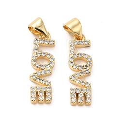 Настоящее золото 18K Стойка ко Дню святого Валентина с покрытием из латуни, микро-паве, прозрачные подвески из кубического циркония, долговечный, без кадмия и без свинца, Слово любовь, реальный 18 k позолоченный, 20x7x2 мм, отверстие : 3.4x4.4 мм