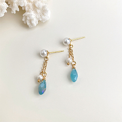 Бирюза Латунные серьги-гвоздики в форме каплевидных подвесок, со стеклом и искусственным жемчугом, золотые, бирюзовые, 50 мм