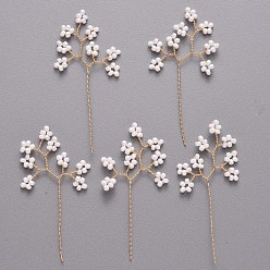 Белый Стеклянные бусины, Золотая латунная проволока обернутая ветка, для скульптуры дерева из проволоки своими руками, бонсай из бисера, белые, 47~49x22~23x2 мм