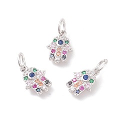 Платина Латунные микро проложить кубического циркония прелести, hamsa рука / рука fatima / рука miriam, красочный, платина, 13x9.5x2 мм, отверстие : 4 мм