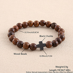 Дерево Браслеты из натурального дерева с круглыми бусинами для мужчин и женщин, крестик, с синтетической немагнитной гематитовой бусиной, внутренний диаметр: 7-1/2 дюйм (19 см)