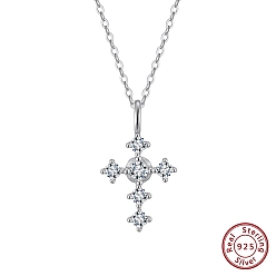 Real Platinum Plated 925 Sterling Silver Micro Pave 5A Clear Cubic Zirconia Pendants, Religion Cross Charms, without Necklace, Rhodium Plated, Real Platinum Plated, 15x12mm