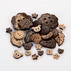 Coffee Coconut Buttons, Mixed Style, Coffee, 9~38x10~38x3~5mm, Hole: 1~4mm