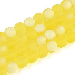 Желтый Матовые прозрачные стеклянные бусины, круглые, с половиным покрытием, с покрытием AB цвета, желтые, 9.5~10 мм, отверстие : 1.2 мм, около 39~41 шт / нитка, 14.57~15.75'' (37~40 см)