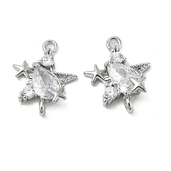 Платинированный Латунные подвески из прозрачного кубического циркония, звездные ссылки, без кадмия, без никеля и без свинца, Реальная платина, 12.5x10x3.5 мм, отверстие : 1 мм