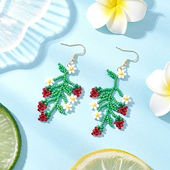 Клубника Серьги-подвески из стеклянных бусин с цветами и фруктами, с золотой тон 304 выводы из нержавеющей стали, клубника, 73.5x30.5 мм