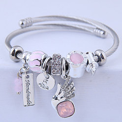 Pink 304 из нержавеющей стали европейские браслеты, браслеты с подвесками для женщин, со сплавом, стразами, стеклом и эмалью, розовые, внутренний диаметр: 2-1/8 дюйм (5.5 см)