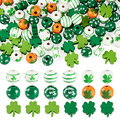 Mixed Color 80Pcs 8 Styles Printed Wood European Beads, Saint Patrick's Day Beads, Clover Pattern, Mixed Color, 15.5~16mm, Hole: 4~4.5mm,  10pcs/style