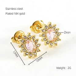 Oval 304 из нержавеющей стали кубического циркония серьги стержня, золотые, овальные, 12x10 мм