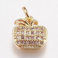 Golden Brass Micro Pave Cubic Zirconia Charms, Apple, Golden, 9x9x3mm, Hole: 2mm