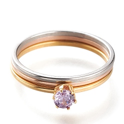 Violet 304 Stainless Steel Finger Rings, Stackable Rings, with Rhinestone, Flat Round, Mixed Color, Violet, US Size 7~7 3/4(17.3~17.9mm), 3pcs/set