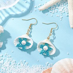 Темно-бирюзовый В форме ракушки 304 серьги-подвески из нержавеющей стали, с подвесками из ракушек, цилиндрическим бисером и бусиной из ракушек, темные бирюзовый, 46x25 мм