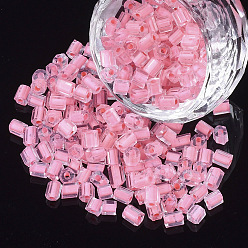 Pink 6/0 Two Cut Glass Seed Beads, Hexagon, Transparent Inside Colours Rainbow, Pink, 3.5~5x3.5~4mm, Hole: 1mm, about 4500pcs/bag