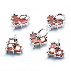 Платинированный Латунь прелести, с кубического циркония, без кадмия, без никеля и без свинца, сердце, красные, Реальная платина, 7x8x4 мм, отверстие : 3 мм