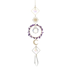 Amethyst Sun Moon Ring Brass & Natural Amethyst Chip Suncatcher, Glass Cone & Teardrop Pendant Prism Crystal Window Hanging Ornament for Home Garden Decor, 320mm