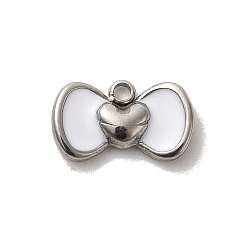 Белый 304 из нержавеющей стали шармы эмали, бантик с подвеской в виде сердечка, цвет нержавеющей стали, белые, 6x10x2 мм, отверстие : 1.2 мм