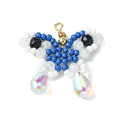 Rainbow Moonstone Подвески-бабочки из бисера, граненые круглые подвески из натурального радужного лунного камня, синтетического голубого авантюрина и стеклянных бусин, золотые, 26x27~28x3 мм, отверстие : 2 мм