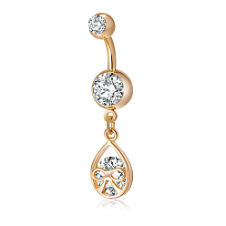 Transparent Piercing-Schmuck, Messing Zirkonia Nabel Ring, Bauchringe, mit chirurgischem Edelstahlstab, cadmiumfrei und bleifrei, golden, Träne, Transparent, 40x10 mm, Stange: 15 Spurweite(1.5mm), Stangenlänge: 3/8"(10mm)