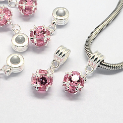 Розовый Сплав европейские подвески с подвесками, со стразами, Подвески с большими отверстиями, круглые, серебряный цвет гальваническим, светло-розовый, 28 мм, отверстие : 5 мм
