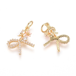 Golden Brass Charms, with Micro Pave Cubic Zirconia, Enamel and Jump Rings, Bowknot, Clear, Golden, 11.5x15x3mm, Hole: 3.4mm