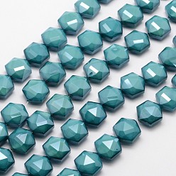 Светлый Морско-зеленый Стеклянные нити из бисера, гальваническое покрытие, граненый шестиугольник, светло-зеленый, 14x8 мм, отверстие : 1 мм, около 20 шт / нитка, 11.4 дюйм