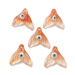 Coral Transparent Glass with Enamel Pendants, Whale Tail with Evil Eye Charms, Coral, 19.5x20x7.5~8mm, Hole: 1.2mm