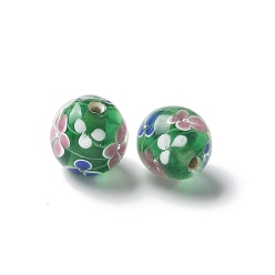 Зеленый Бусины лэмпворк , круглый с цветочным узором, зелёные, 12~13.5 мм, отверстие : 1.4~2.5 мм