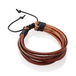 Saddle Brown Cowhide Leather and Waxed Cord Multi-strand Bracelets, Saddle Brown, 70~100mm
