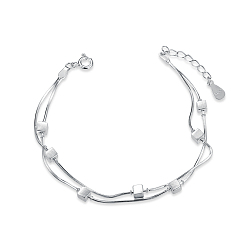 Platinum Sparkling Rhodium Plated 925 Sterling Silver Double Layered Bracelet, with Wiredrawing Cube Beads, Platinum, 160mm