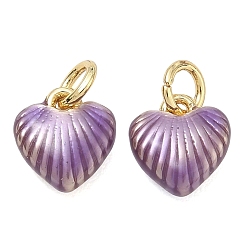 Púrpura Acumular colgantes de chapado de latón, con esmalte, encantos del corazón, sin plomo y cadmio, larga duración plateado, real 18 k chapado en oro, púrpura, 10x9x4 mm, agujero: 3.5 mm