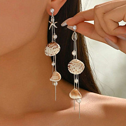 Платина Серьги-гвоздики в форме ракушки и морской звезды 304 из нержавеющей стали с кисточками, с натуральной ракушкой и пластиковой жемчужиной, слева и справа, платина, 110 мм