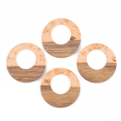 Dark Salmon Transparent Resin & Walnut Wood Pendants, with Gold Foil, Flat Round, Dark Salmon, 28x3mm, Hole: 2mm