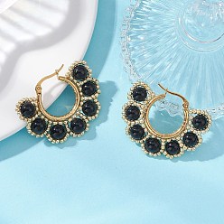 Black Onyx Серьги-кольца с цветком из ракушечного жемчуга, синтетической зеленой бирюзы и натурального черного оникса, С 304 результатами из нержавеющей стали, золотые, 29.5x37x6.5 мм