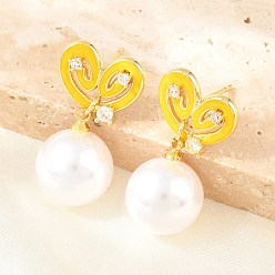 Желтый Серьги-гвоздики из латуни с прозрачными кубическими циркониями ко Дню святого Валентина, с абс пластиком имитация жемчуга и эмали, без кадмия и без свинца, долговечный, стойки покрытие, реальный 18 k позолоченный, желтые, 26x13.5 мм