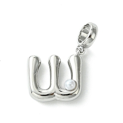 Letter W Покрытие стойки латунь с АБС-пластиком жемчуг европейские подвески, Подвески с большими отверстиями, долговечный, без свинца и без кадмия, платина, Буква W, 21 мм длиной, отверстие : 5 мм, Кулон : 13x14x5 мм