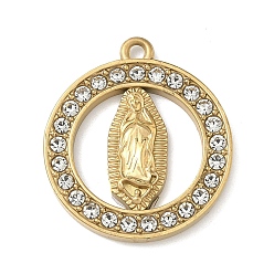 Настоящее золото 18K 304 подвески из нержавеющей стали и страз, кольцо с подвеской девы марии, вакуумное покрытие pvd, кристалл, реальный 18 k позолоченный, 22.5x20x2.5 мм, отверстие : 1.5 мм