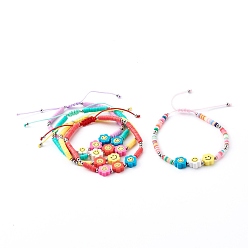 Mixed Color Adjustable Nylon Thread Braided Bead Bracelets, with Polymer Clay Heishi Beads, Flower with Smile Face, Mixed Color, 2~2-7/8 inch(5~7.2cm)