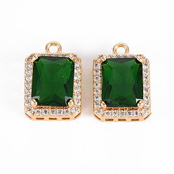 Green Brass Micro Pave Clear Cubic Zirconia Pendants, with Glass, Nickel Free, Real 18K Gold Plated, Faceted, Rectangle, Green, 16x11x7mm, Hole: 1.6mm