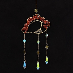 Красный Камень Облако из натуральной красной яшмы из медной проволоки с подвесными украшениями в виде дерева жизни, каплевидные стеклянные ловцы солнца с кисточками для домашнего украшения на открытом воздухе, 500x140 мм