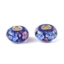 Dark Blue Lampwork & Brass Core European Beads, Large Hole Beads, Rondelle with Flower, Dark Blue, 15x7.5mm, Hole: 4mm