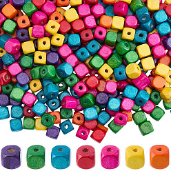 Mixed Color 300Pcs Natural Wood Beads, Cube, Lead Free, Dyed, Mixed Color, 10x10x10mm, Hole: 3.5mm