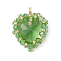 Зеленый лайм Латунь стекло кулоны, сердце, с & стеклянным бисером, граненые, зеленый лайм, 26x20.5x9.5 мм, отверстие : 3.5x2.5 мм