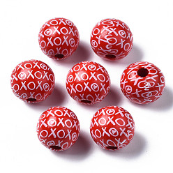 Red Painted Natural Wood European Beads, Large Hole Beads, Printed, Round, Red, 16x15mm, Hole: 4mm